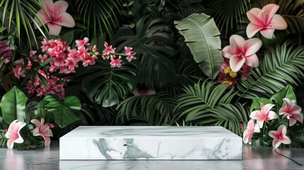 A white marble platform is surrounded by lush green leaves and pink flowers, styled to mimic a tropical jungle.