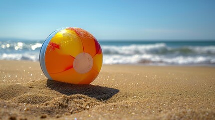 Obraz premium Bright Inflatable Beach Ball On Golden Sand By The Ocean With Gentle Waves And Blue Sky, Representing Summer Fun And Coastal Relaxation