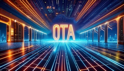 OTA over-the-air update illustration with written OTA in middle of data flow to upgrade a firmware background