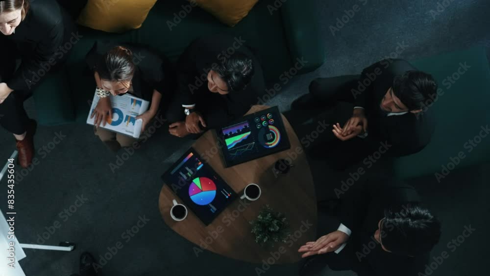 Aufkleber top down view of business team listen investor present idea while standing at whiteboard. diverse gr