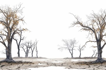 Deserted forest with dry dead trees standing on cracked ground on a white background