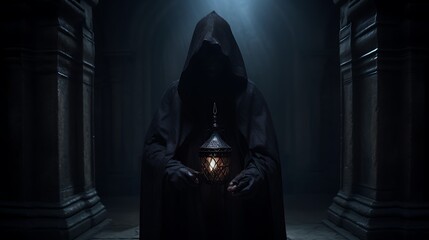 Mysterious figure in a hooded cloak holding a lantern, standing at the entrance of an ancient crypt