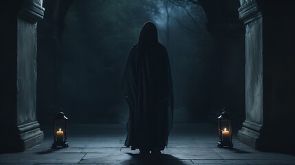 Mysterious figure in a hooded cloak holding a lantern, standing at the entrance of an ancient crypt