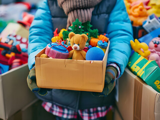 Individual handing over colorful toys with a smile to a toy drive in style.