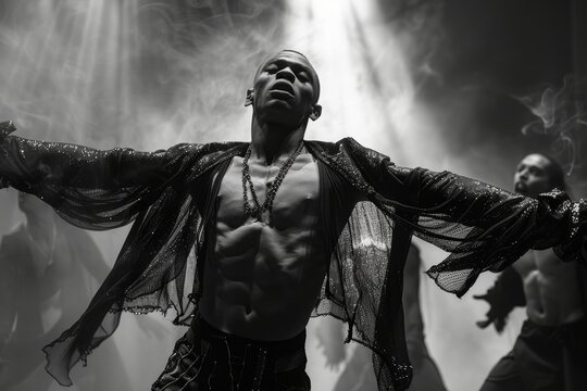 Person performing voguing dance with dramatic lighting and smoke effects