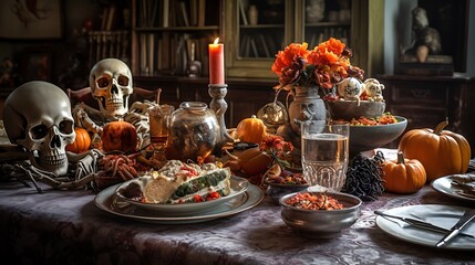 Fototapeta premium Table set for a Halloween feast with themed dishes, spooky decorations, and a centerpiece of a haunted gingerbread house