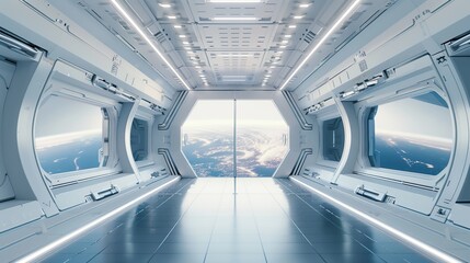 futuristic white space station interior with window view on space and planets 3d rendering