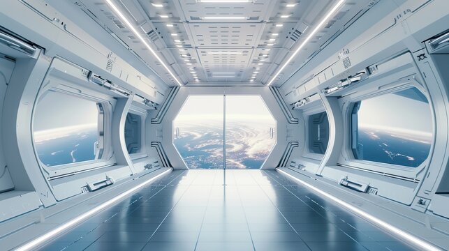 futuristic white space station interior with window view on space and planets 3d rendering
