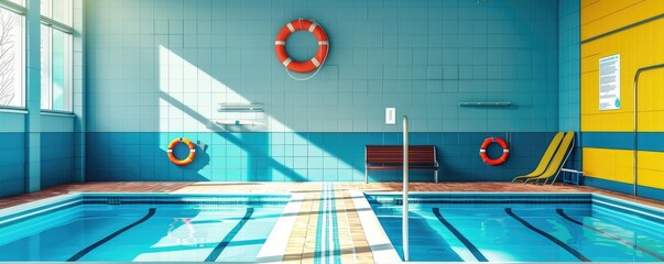 view of an empty public swimming pool with clear blue water and a sunny ambiance.