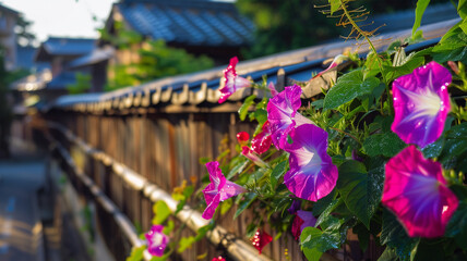 日本の街角に咲く朝顔