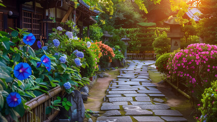 Obraz premium 寺院の庭で咲く朝顔