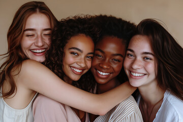 Obraz premium Multicultural girls hugging and smiling in a close-up, showing joy and diversity, with radiant and well-cared skin