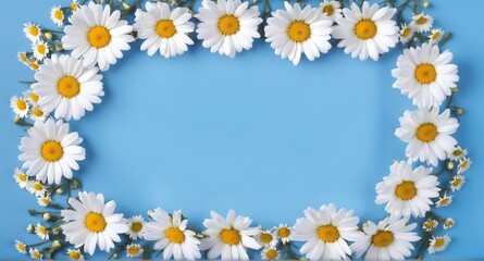 Obraz premium Chamomile flowers collection on blue. Set of colorful Chamomile or Daisy flowers background, top view. Floral pattern.,