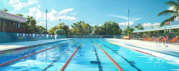 view of an empty public swimming pool with clear blue water and a sunny ambiance.