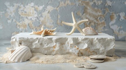 Various seashells and a starfish are artfully arranged on a white rock display, surrounded by sand with a textured, neutral backdrop.