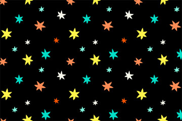 Pattern with multicolored stars on a black background, vector bright festive background for design, packaging printing, fabric print