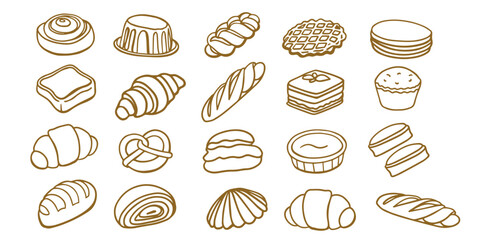 Isolated vector set of Bakery. Hand drawn and chalked cookies, barolls, pies, cakes, pastries, croissants.. Vintage template with pastries sketch. Fresh bakery. Shop. Template.