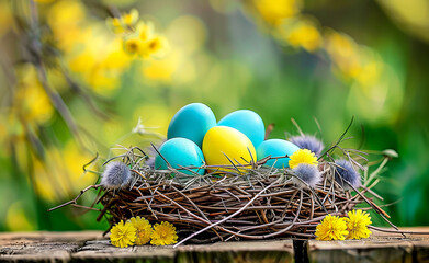 Colorful Easter eggs nestled in a bird's nest with flowers.