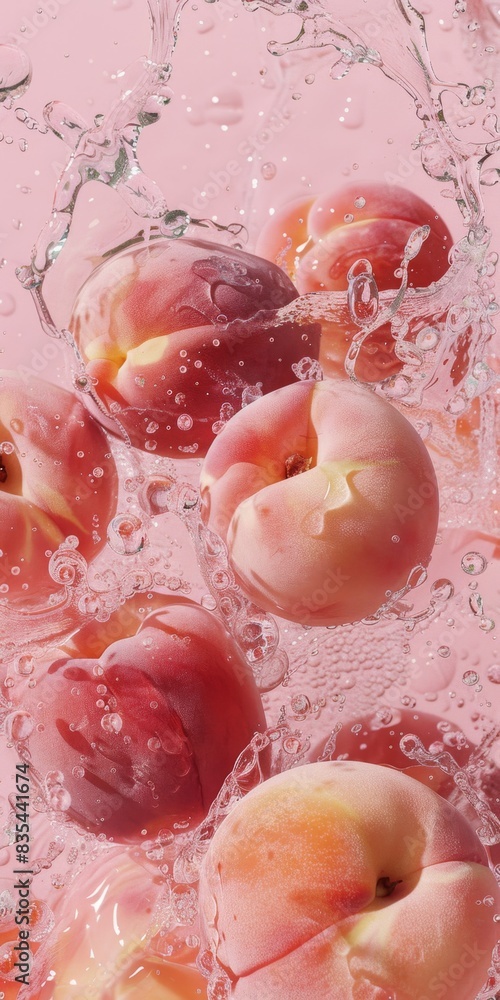 Poster peaches with dewdrops are immersed in splashing water, creating a refreshing and vibrant scene again