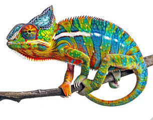 A chameleon perches on a branch, displaying vibrant colors.