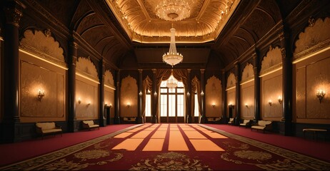 Obraz premium ballroom palace castle room interior. empty with light fixtures with chandelier and reflections in floor. 