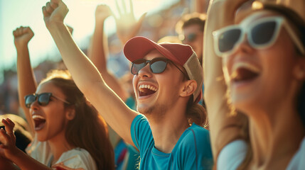 Friends cheering at a sports event, capturing the excitement and camaraderie of shared experiences