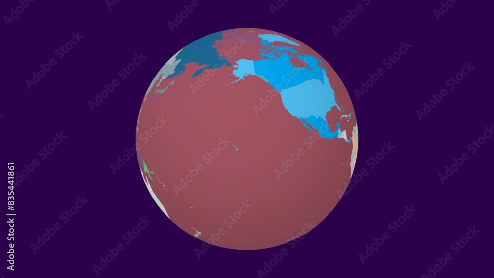 Poster spinning earth. slanted sphere view. slow speed planet rotation. colored countries style. world map 