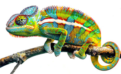 A colorful chameleon perched on a branch.