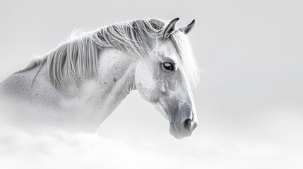White horse portrait, flowing mane, serene gaze.
