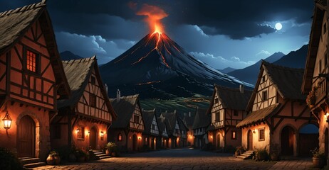 Obraz premium medieval fantasy village town by volcano mountains and clouds sky night. house home explosion with ash and smoke.