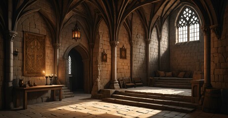 Obraz premium gothic castle palace building interior. goth cathedral rose art Nuevo deco window architecture with arches and torch light. 