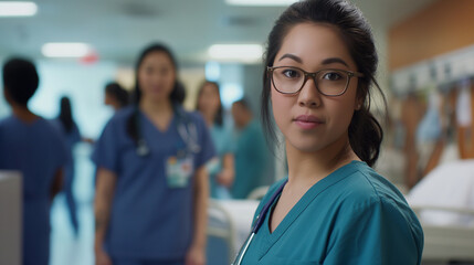 Obraz premium Nursing student leading her team in a hospital room, all dressed in scrubs, focused on providing excellent patient care