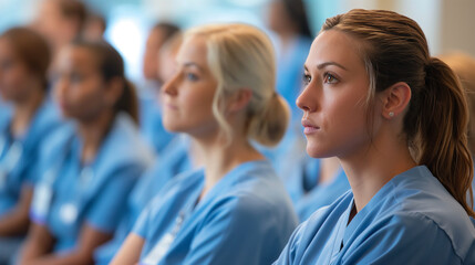 Group of nursing students in scrubs, gathered in a hospital lecture room, listening attentively to their mentor, embodying dedication and learning