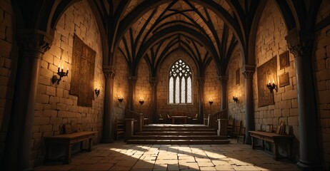 gothic castle palace building interior. goth cathedral rose art Nuevo deco window architecture with arches and torch light.	