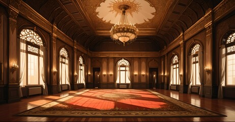 Obraz premium ballroom palace castle room interior. empty with light fixtures with chandelier and reflections in floor. 