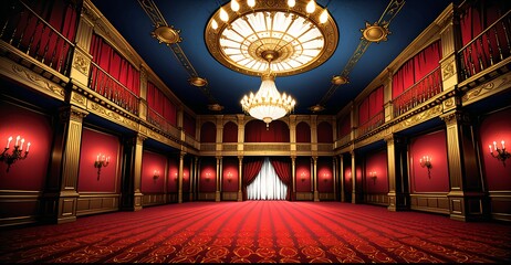 Obraz premium Palace Ballroom Theatre Hall. Abandoned amphitheater auditorium room. Royal dance hall in noble mansion interior. Wallpaper background.