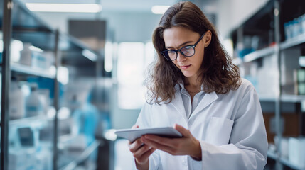 A bright and modern laboratory setting with a young Caucasian medical scientist wearing glasses, deeply engaged with her tablet, working towards disease control