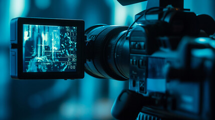 A close-up of a digital video camera's viewfinder showing a crisp digital screen, symbolizing advanced camera equipment and dynamic media concepts in action on set