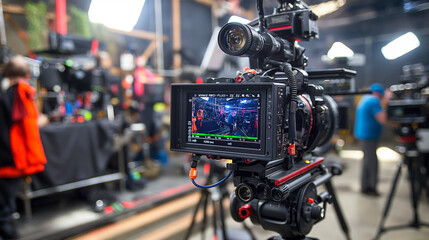 Fototapeta premium A digital video camera's viewfinder is locked onto a digital screen, highlighting the seamless integration of camera equipment and media technology on a professional set