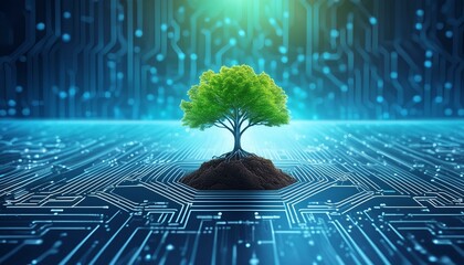 Tree with soil growing on the converging point of computer circuit board. Blue light and wireframe network background. Green Computing, Green Technology, Green IT, csr, and IT ethics Concept