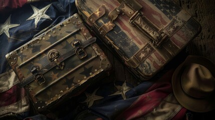 Vintage American Flag Patterned Suitcases on Worn Flag