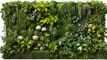 a piece of gray-toned garden walls made of cut-out green plants and flowers.