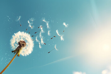 Dandelion with seeds blowing away under blue sky