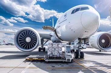 Photo of an airplane with cargo being loaded onto the plane 