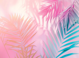 Minimal summer pastel concept, soft colors of tropical background, pastel palm trees and palm leaf. Exotic summer beach concept.