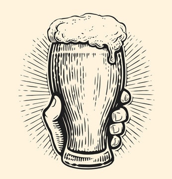 recommend clip art: Male hand holding glass of lager foamy beer. Alcoholic drink. Clipart drawing in engraving style for restaurant or pub menu