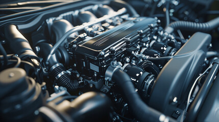 A modern car engine, showing the complex components and elegant design.
