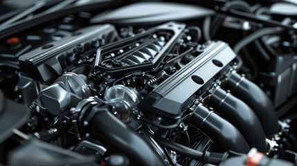 Fototapeta premium A modern car engine, showing the complex components and elegant design.