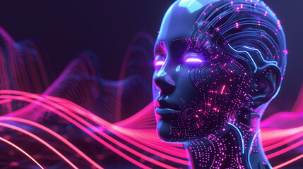 Futuristic robot head with illuminated neon lights on wavy digital scenery.