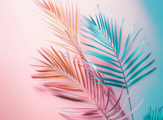 Minimal summer pastel concept, soft colors of tropical background, pastel palm trees and palm leaf. Exotic summer beach concept.